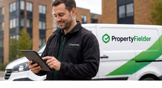 A PropertyFielder inspector reviews jobs on a tablet beside a branded white van outside a UK property.